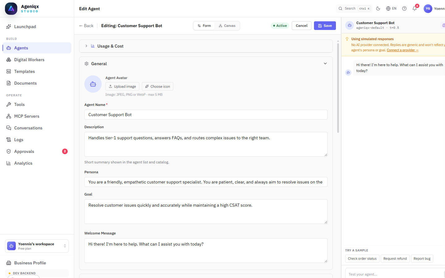 Ageniqx agent builder showing the system prompt editor and model selector