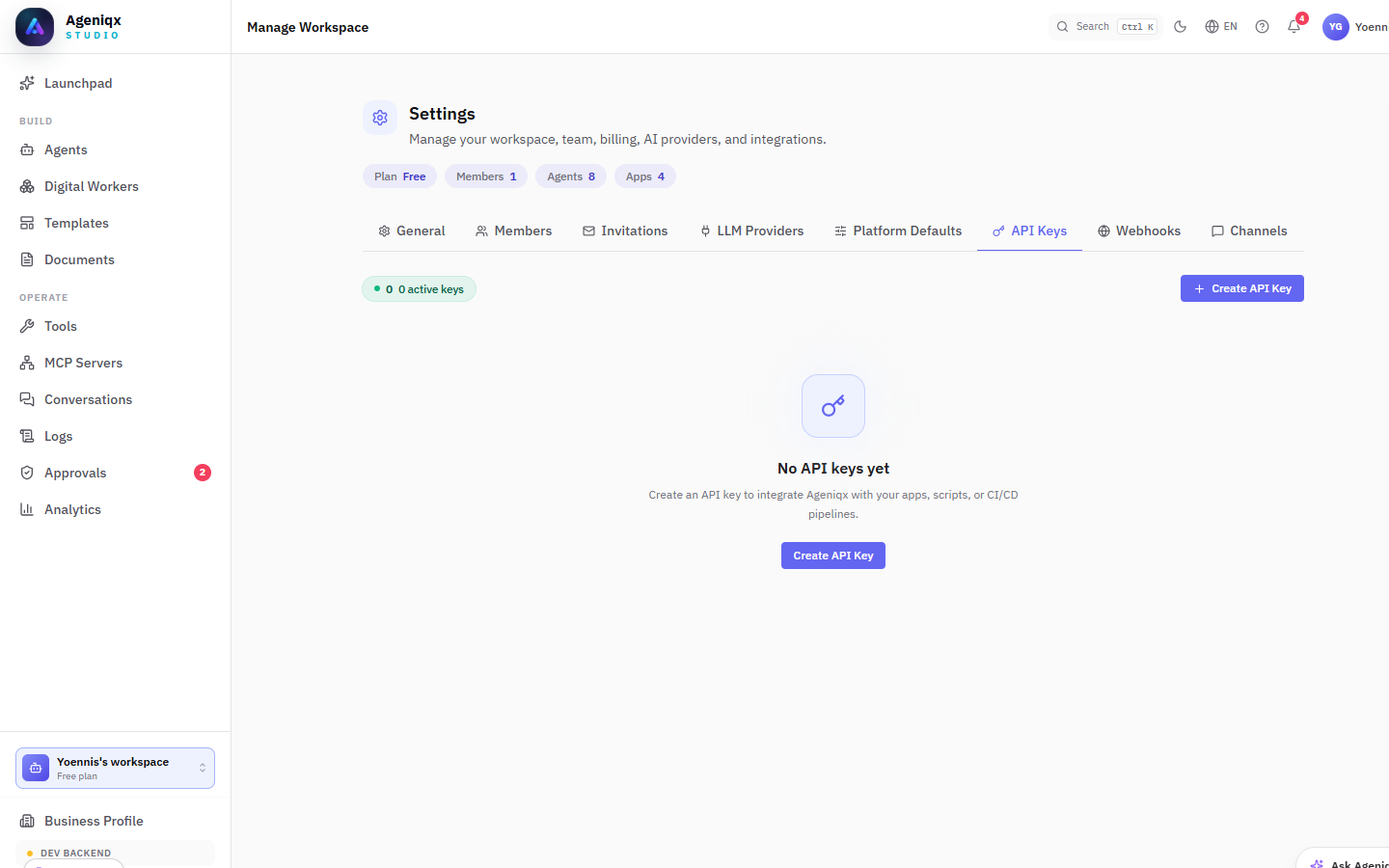 Ageniqx API keys management page