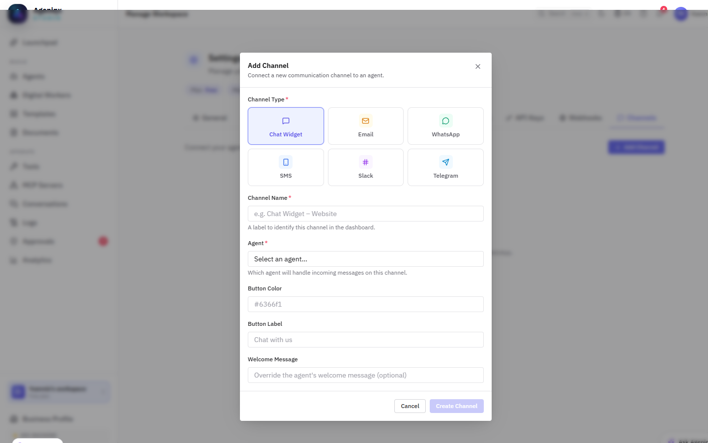 Channel configuration panel showing WhatsApp, Email, and Web Chat options