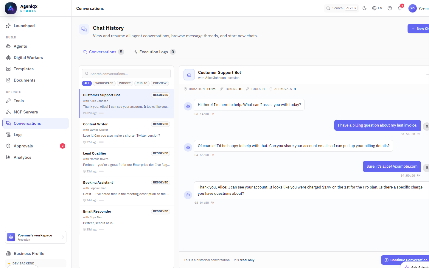 Ageniqx conversations view showing message history and execution details
