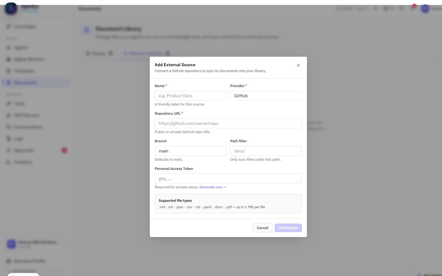 Add External Source modal for connecting a GitHub repository