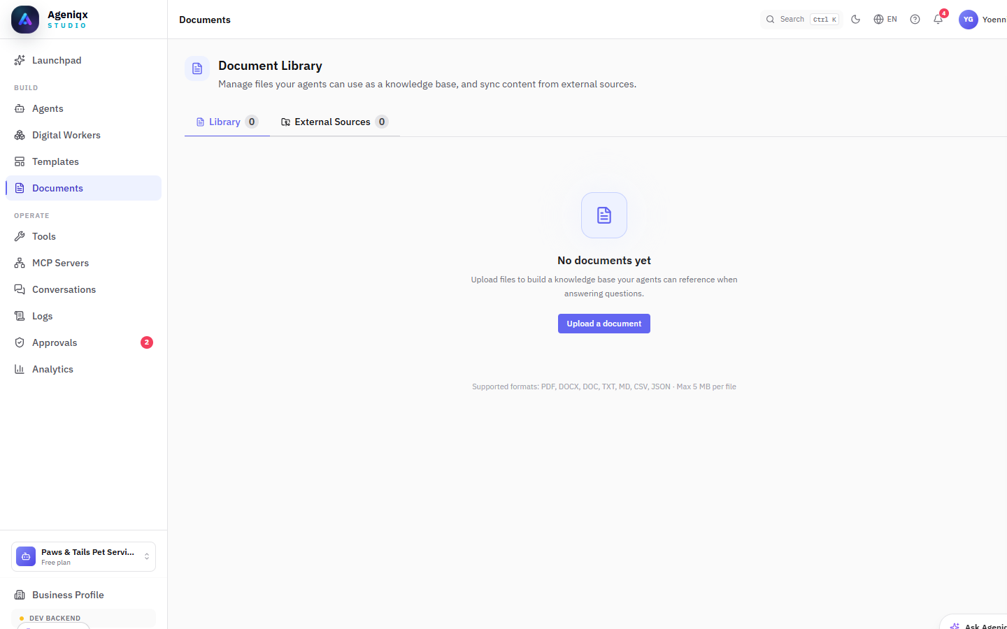 Document Library page with Library and External Sources tabs