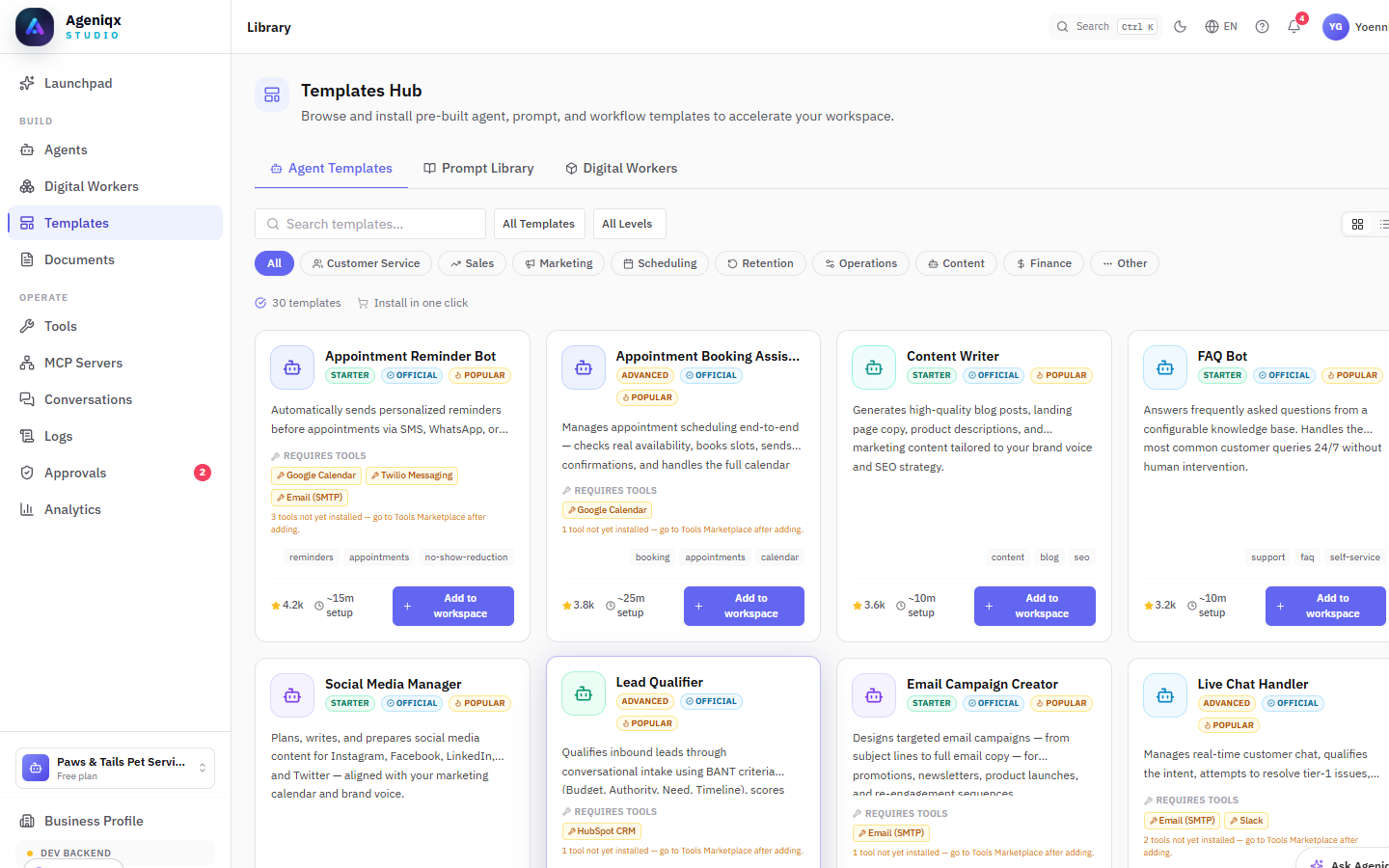 Templates Hub — Agent Templates tab showing 30 templates with categories and install buttons