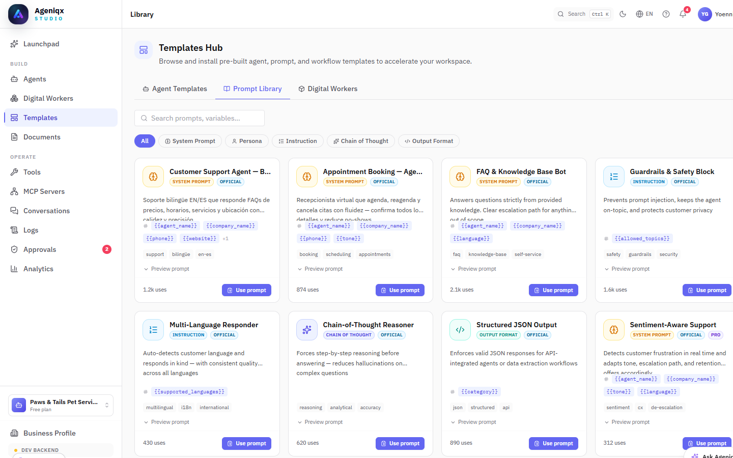 Templates Hub — Prompt Library tab showing system prompts with template variables