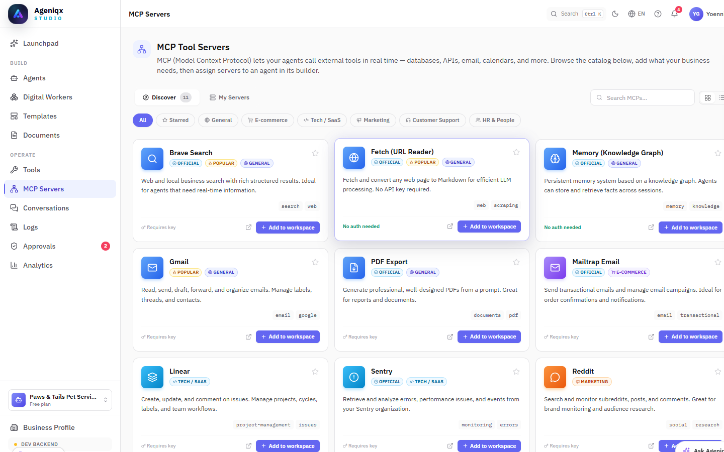 MCP Tool Servers catalog showing Brave Search, Gmail, Fetch, Memory, Linear, Sentry and more