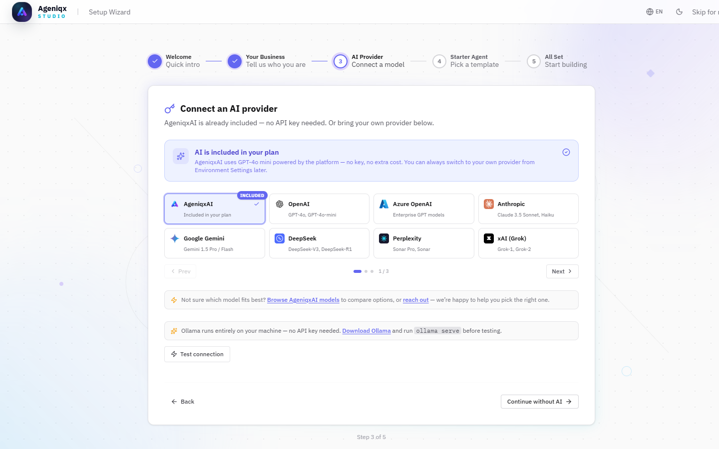 Onboarding Step 3 — AI Provider selection