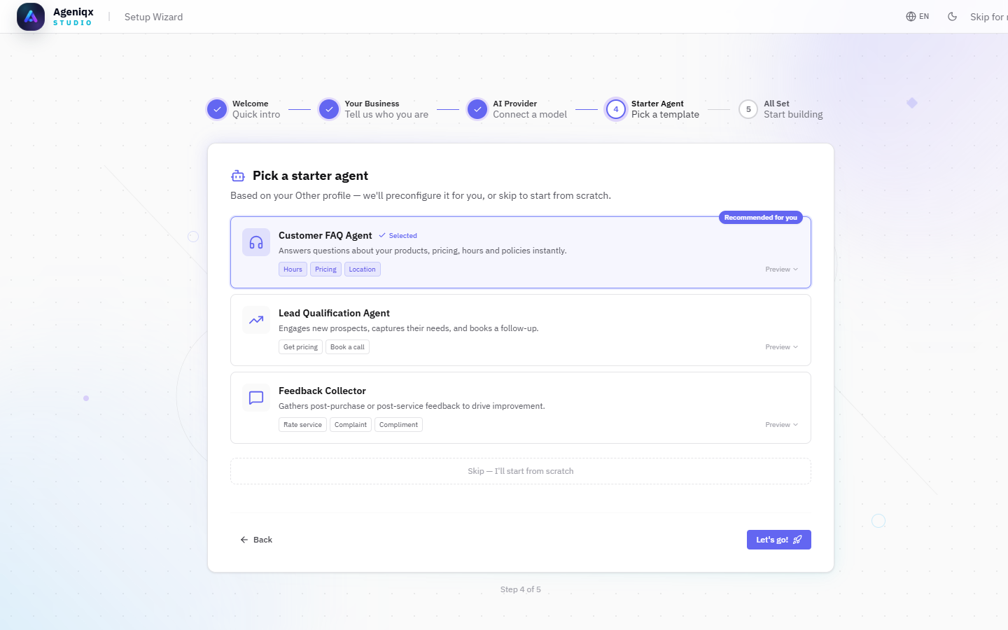 Onboarding Step 4 — Starter Agent template picker