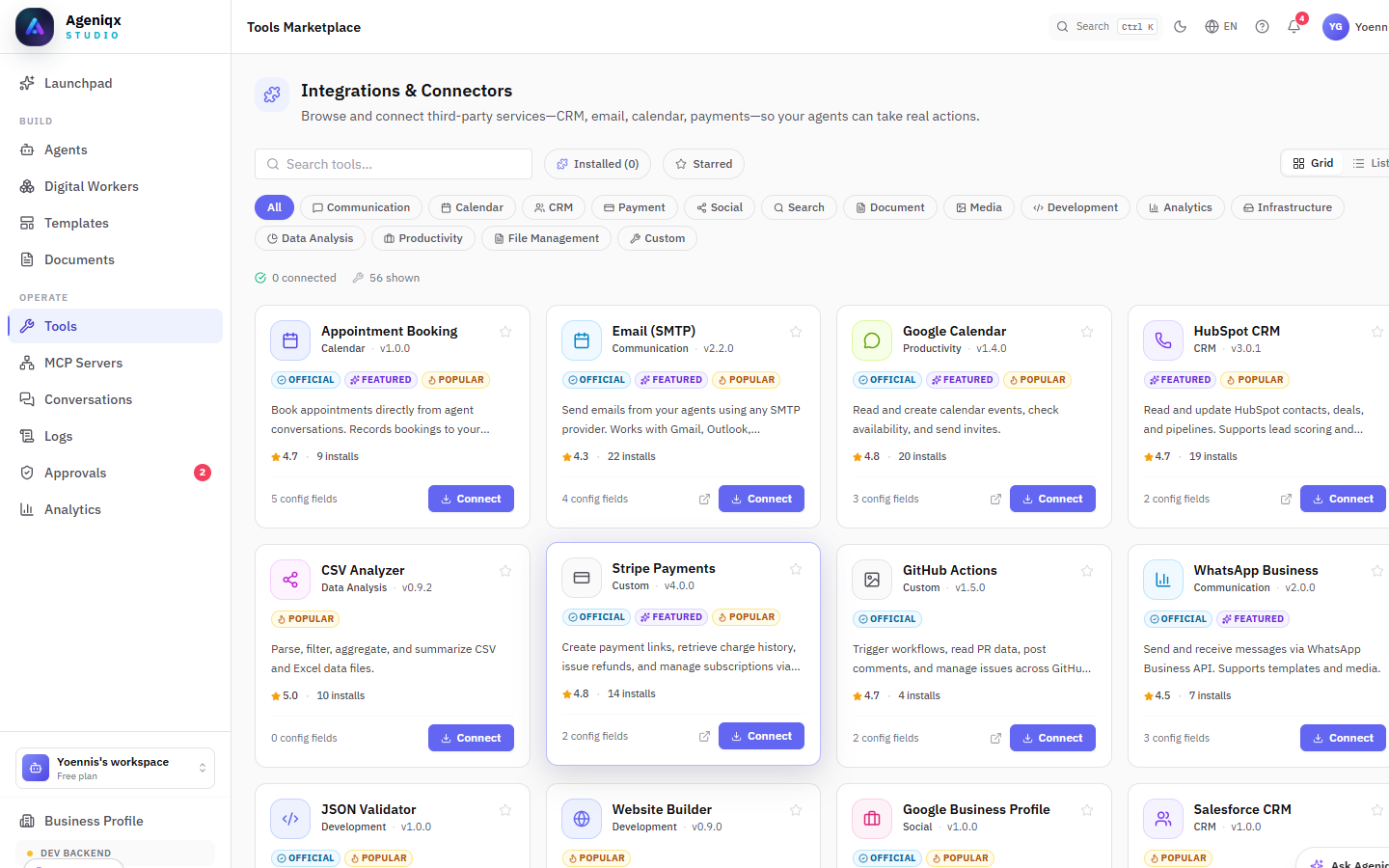 Ageniqx tools library showing available integrations