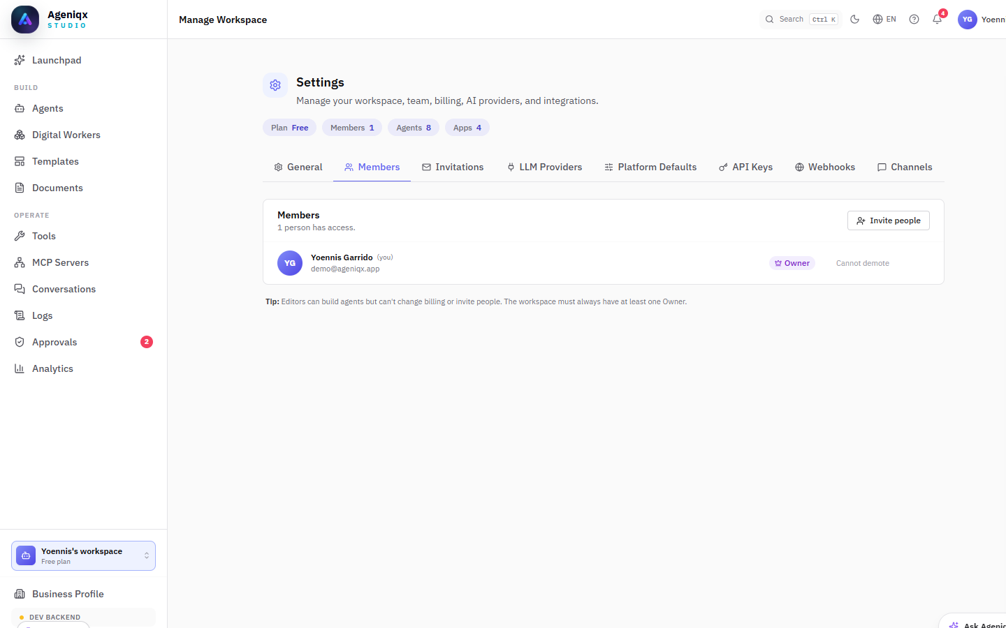 Ageniqx workspace settings showing the Members tab with team management